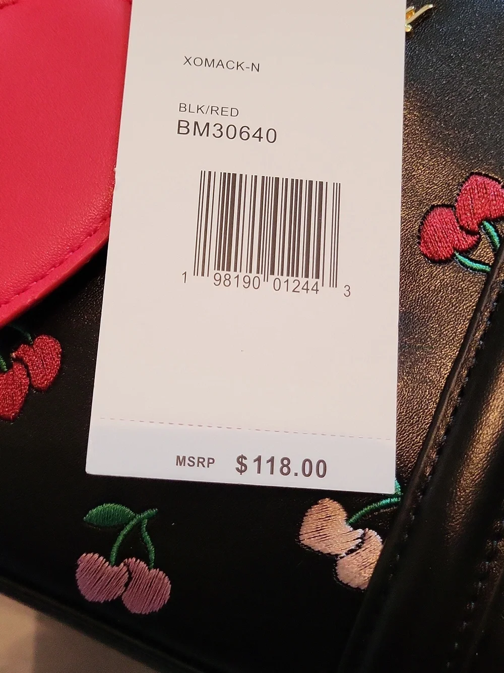 Betsey JOHNSON black Cherry Stitched Print Satchel with Red Cherry Heart Charmhm - Picture 3 of 4